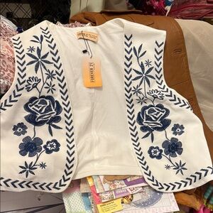 Forever 21 Floral Embroidered White and Blue Vest